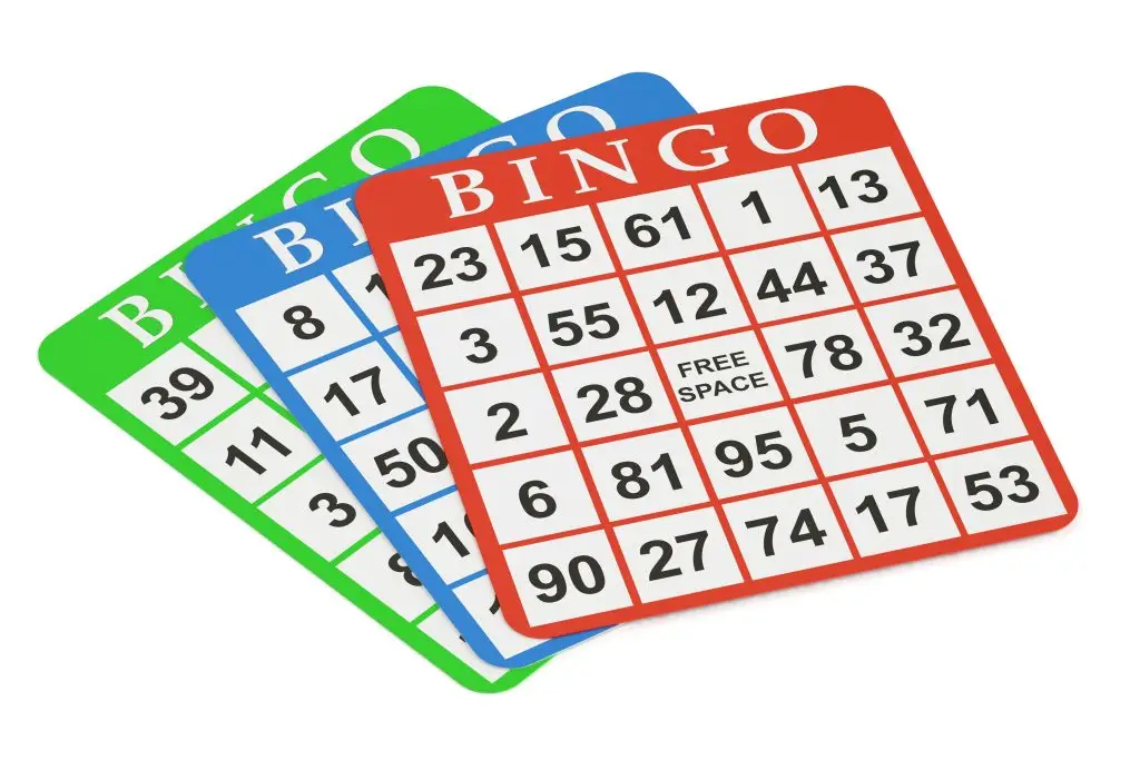 Three overlapping bingo cards in green, blue, and red are displayed. Each card has a 5x5 grid with various numbers and a "FREE SPACE" in the center. Several rows and columns of numbers are visible on each card.