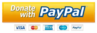 A rectangular button with the text "Donate with PayPal" in white and blue against an orange background. Below the text are logos for different payment methods: Visa, MasterCard, American Express, Cirrus, and PayPal.
