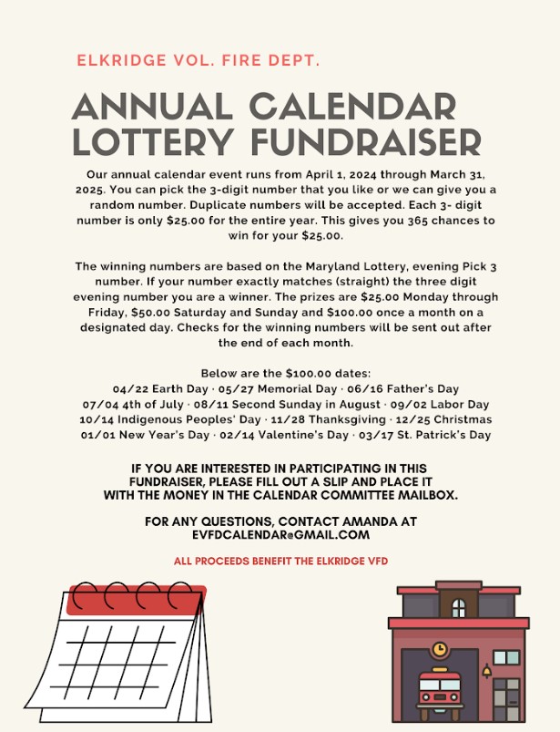 A flyer for the Elkridge Volunteer Fire Department's Annual Calendar Lottery Fundraiser details event dates, entry prices, prize structure, deadlines, and contact info for participation. The bottom half of the flyer includes a graphic of a firefighter hat, axe, and hose.