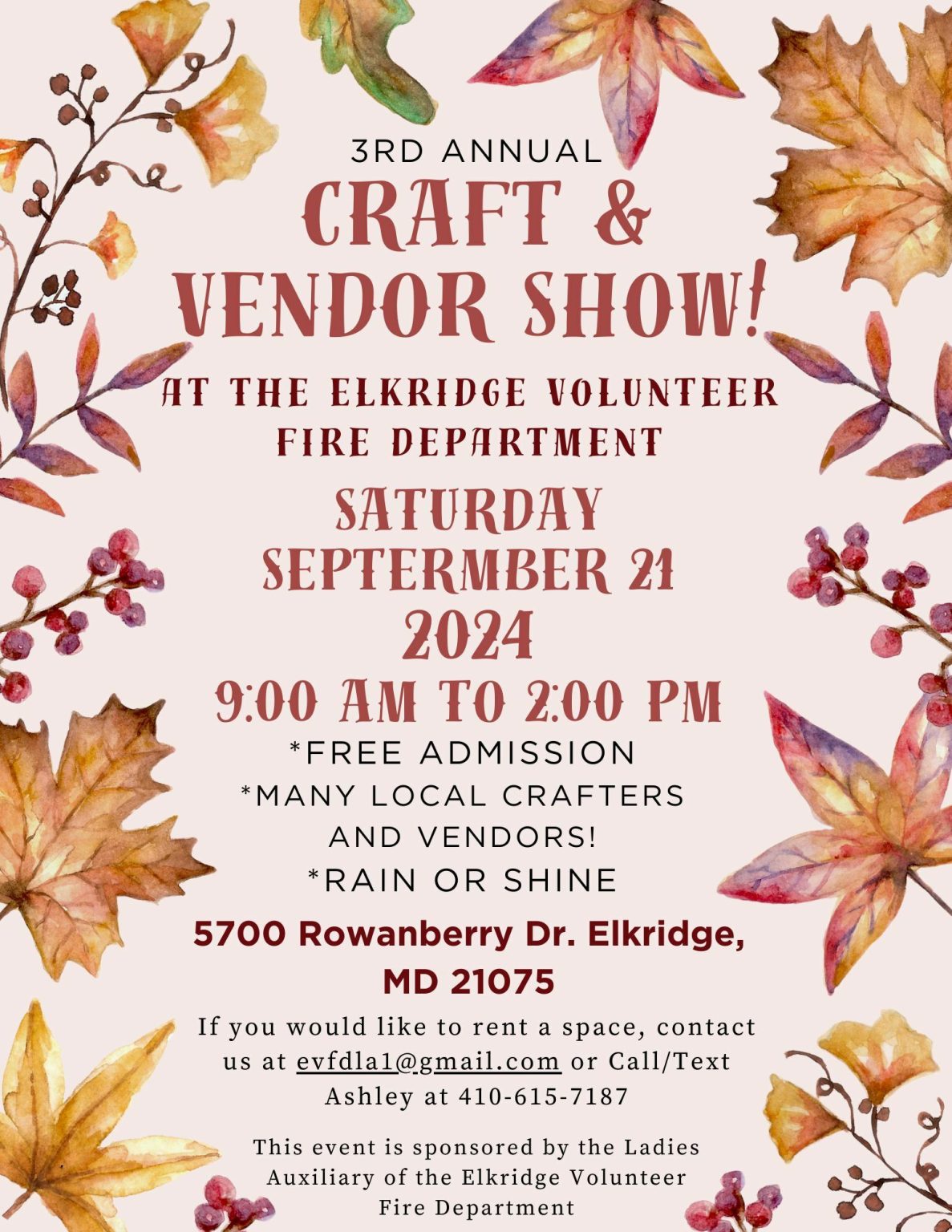 Autumn-themed flyer for the 3rd Annual Craft & Vendor Show at the Elkridge Volunteer Fire Department on September 21, 2024, from 9:00 AM to 2:00 PM. Features free admission, many local crafters and vendors, and is rain or shine. Contact info included.