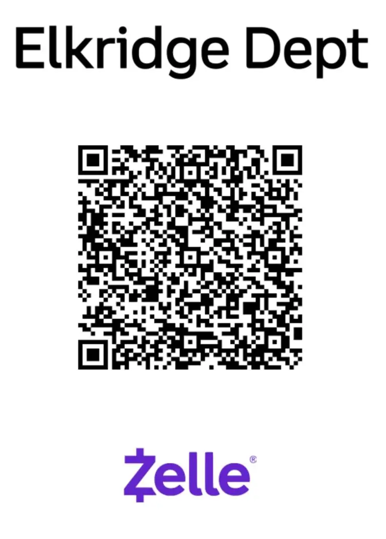 A QR code centered on the image with the text "Elkridge Dept" above it. Below the QR code is the Zelle logo in purple text.