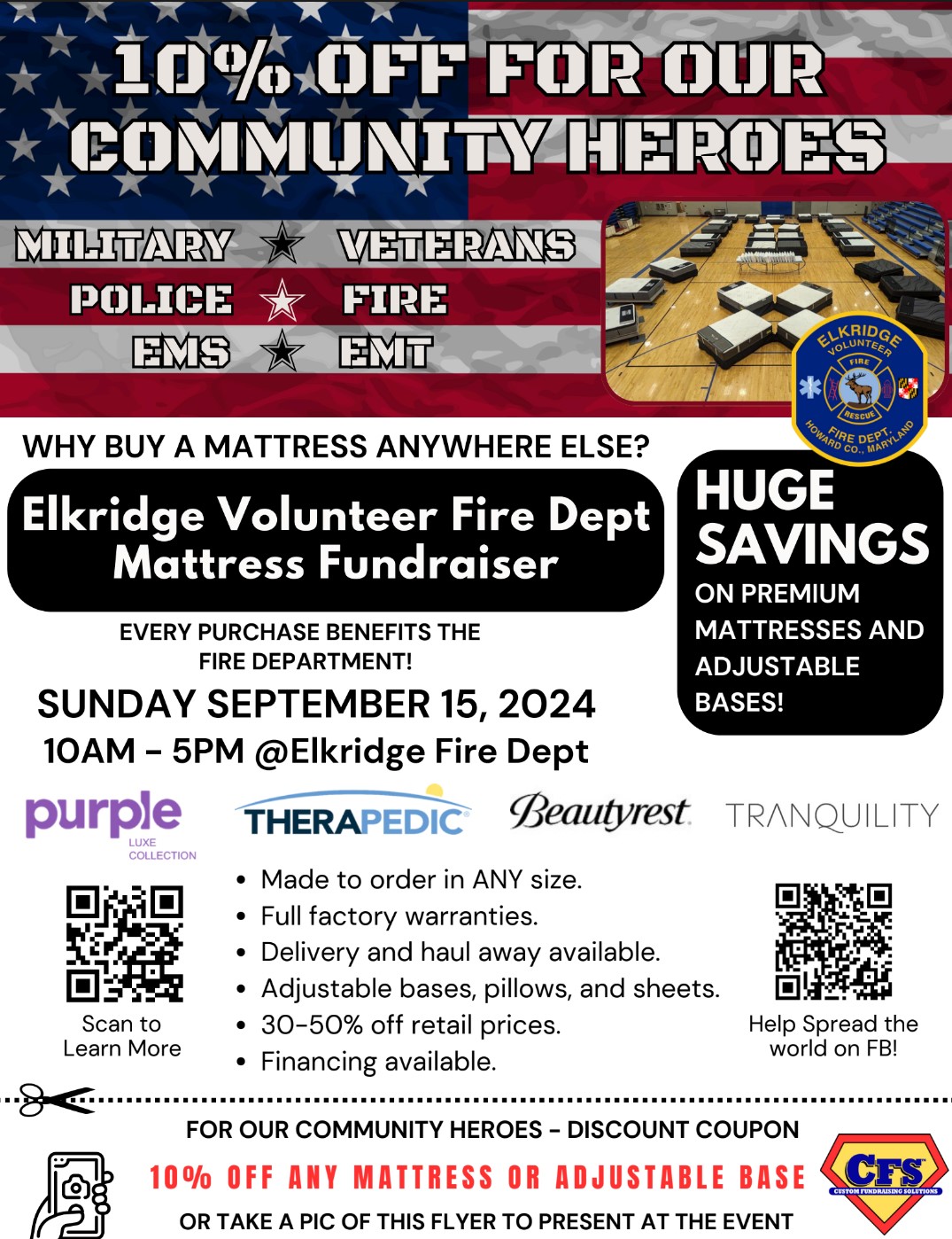 A flyer promoting the Elkridge Volunteer Fire Dept Mattress Fundraiser on Sunday, September 15, 2024, from 10 AM to 5 PM at Elkridge Fire Dept. Includes logos for Purple, Therapedic, Beautyrest, and Tranquility. Offers a 10% discount for community heroes like military, veterans, police, fire, and EMS.