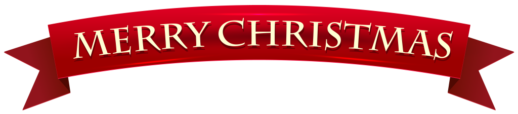 A red ribbon banner with the words "Merry Christmas" in white, stylized text.