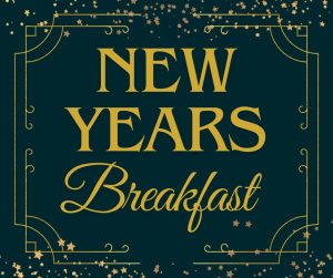 Elegant New Year's invitation in gold text on a dark green background, surrounded by decorative stars and borders. Reads "NEW YEARS Breakfast.