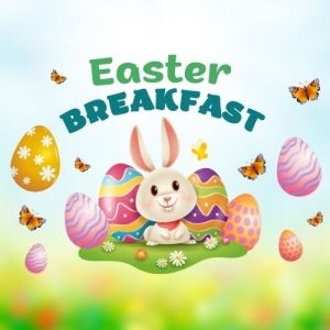 Easter breakfast invitation featuring a cute bunny surrounded by colorful Easter eggs and fluttering butterflies on a soft, sunny background.