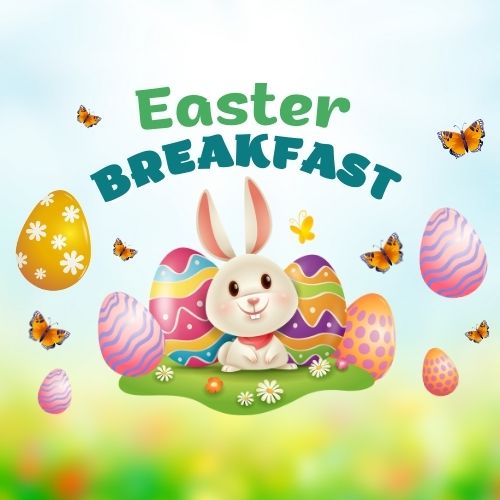 Easter breakfast invitation featuring a cute bunny surrounded by colorful Easter eggs and fluttering butterflies on a soft, sunny background.