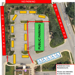 Aerial view of a parking lot with designated public parking in green. No parking areas in red. Handicapped parking spaces in blue. Access points highlighted for pedestrians. Additional graphics and text guide foot traffic from Rowanberry Dr.