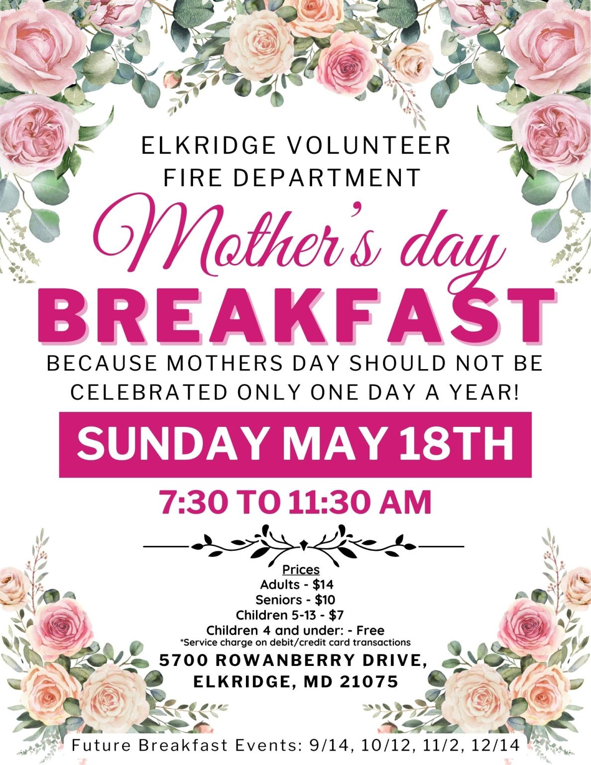 A floral-themed flyer for Elkridge Volunteer Fire Department's Mother's Day Breakfast on Sunday, May 18th, from 7:30 to 11:30 AM, with event details, pricing, and location at 5700 Rowanberry Drive, Elkridge, MD.