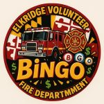 A circular logo featuring a fire truck, Maryland flag elements, and the text "Elkridge Volunteer Fire Department Bingo" with dollar signs and bingo balls.