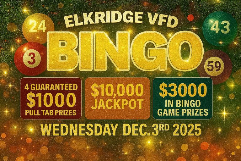 Festive bingo event poster with gold, red, and green balls, advertising “Elkridge VFD Bingo.” Highlights include a $10,000 jackpot, four $1000 pull tab prizes, $3000 in game prizes, and the date Wednesday Dec. 3rd, 2025.