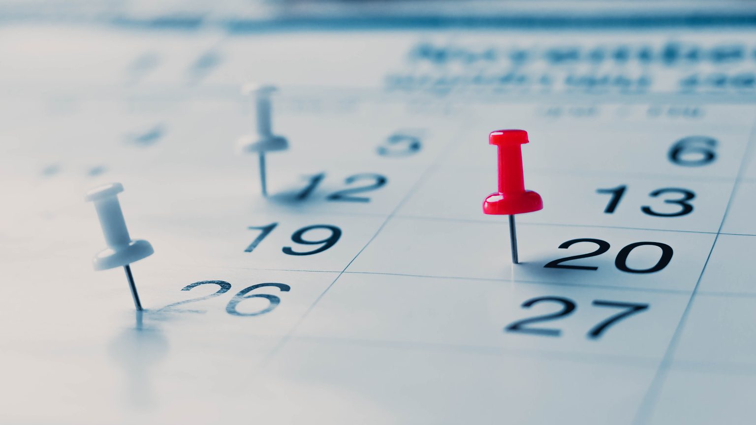 Close-up of a calendar page with push pins marking specific dates. A red push pin is on the 20th, while white pins mark the 12th and 26th. The focus is sharp on the pins and dates.