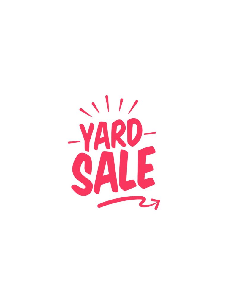 Bold pink text reading "Yard Sale" with decorative lines above and a curved arrow below, all on a plain white background.