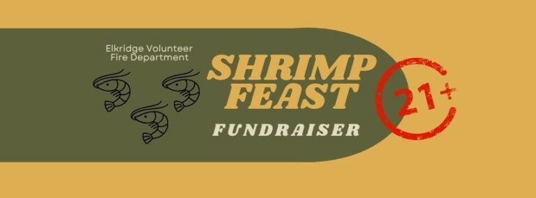 A banner for the Elkridge Volunteer Fire Department Shrimp Feast Fundraiser, featuring shrimp illustrations and a red "21+" stamp, indicating the event is for adults ages 21 and over.