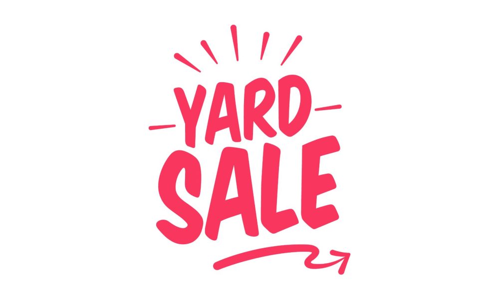 Bold pink text reading "Yard Sale" with decorative lines above and a curved arrow below, all on a plain white background.