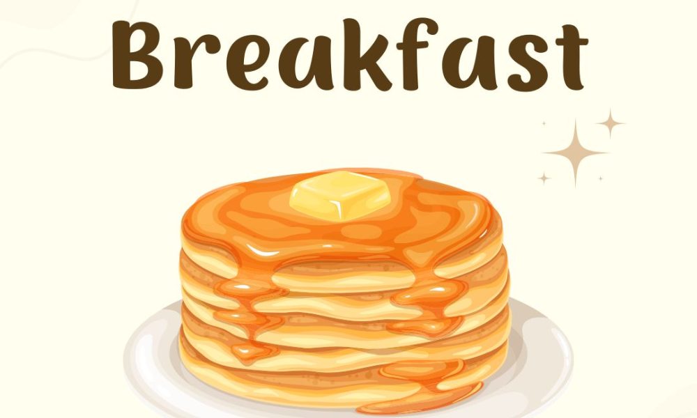 Illustration of a stack of pancakes topped with syrup and a pat of butter on a white plate. The background is light with subtle star decorations. The text "Pancake Breakfast" is written above in bold.